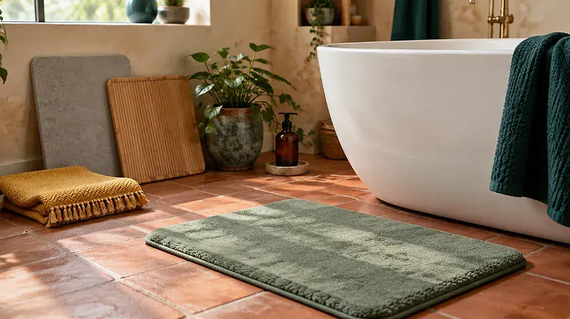 Best bath mats: a sage memory foam mat, a stone mat, a bamboo mat and a mustard cotton mat on a terracotta bathroom floor