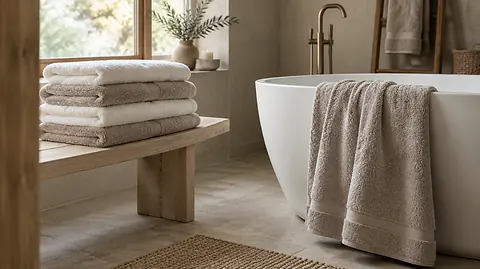 Best bath sheets: oversized white and oat bath sheets folded on a wooden bench beside a freestanding tub