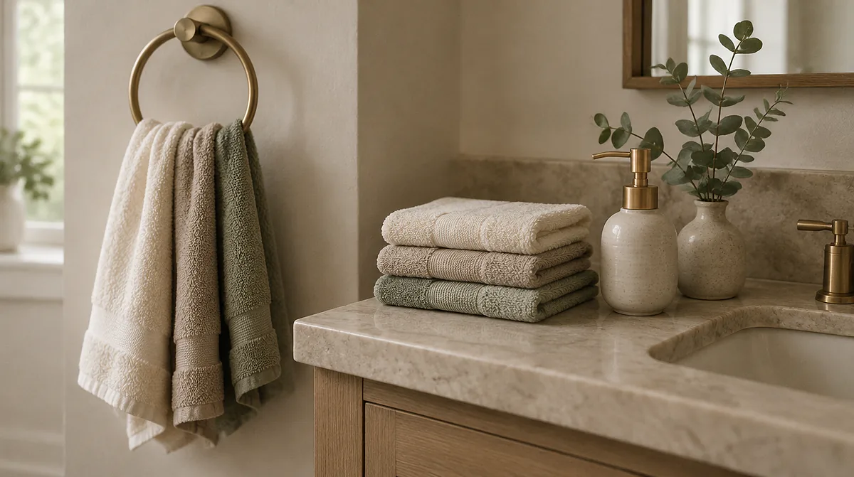 Best hand towels: cream, oat and sage hand towels on a brass ring and a stone vanity with eucalyptus