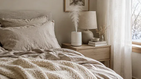 Best humidifier for bedroom: a white humidifier releasing soft mist on an oak nightstand beside a bed with linen sheets