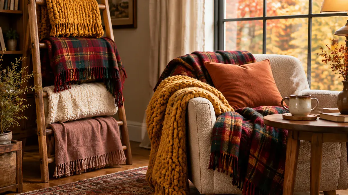 Best throw blankets: mustard knit, red plaid wool, cream sherpa and dusty rose linen throws on a ladder and armchair