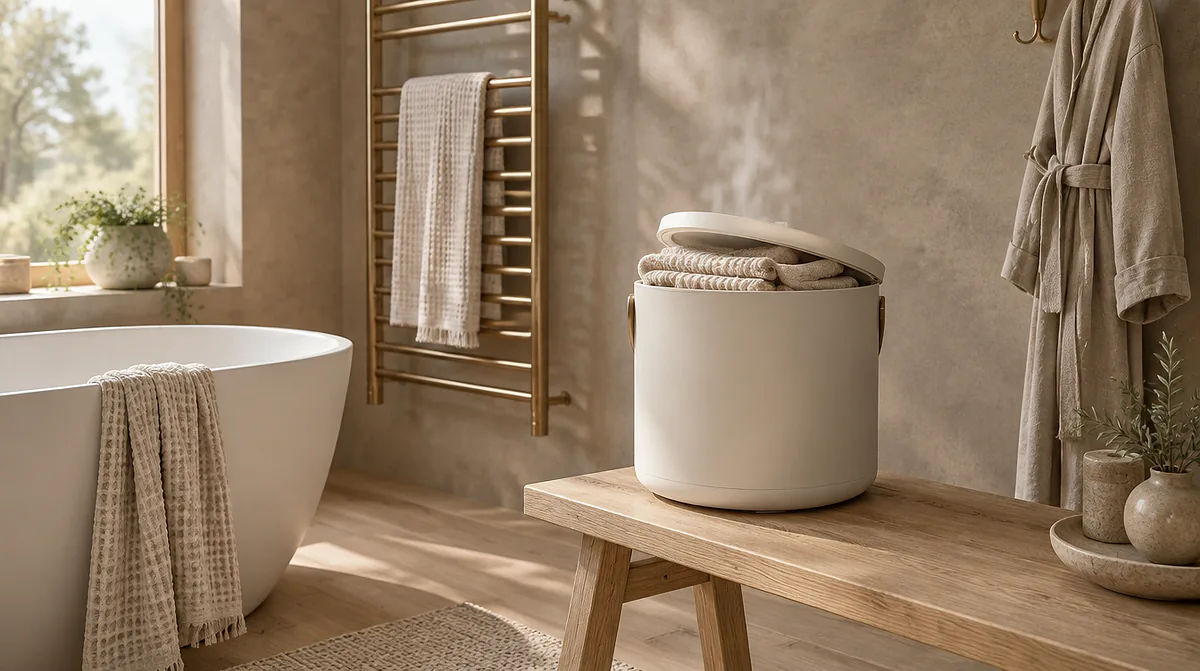 Best towel warmer: a cream bucket towel warmer with folded towels beside a bathtub and a brass heated towel rail on the wall