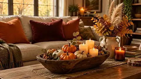 Cozy fall decor ideas: a sofa with rust and burgundy velvet pillows, a wooden dough bowl of pumpkins and glowing candles