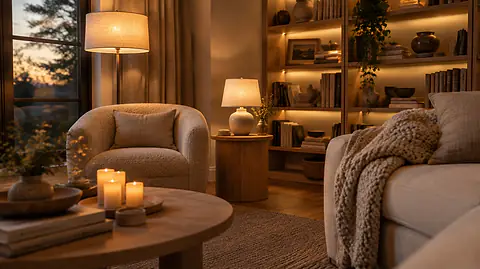 Cozy lighting ideas: a living room at dusk with a glowing floor lamp, table lamp, flameless candles and warm shelf lighting