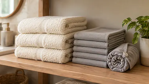 Microfiber vs cotton towels: a stack of fluffy cotton towels next to thin grey microfiber towels
