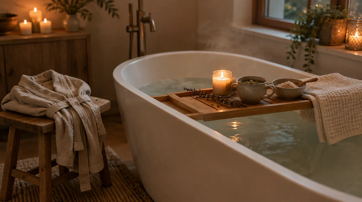 Relaxing bath ritual: a steaming tub with a wooden tray, candle, herbal tea and bath salts in warm candlelight