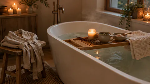 Relaxing bath ritual: a steaming tub with a wooden tray, candle, herbal tea and bath salts in warm candlelight
