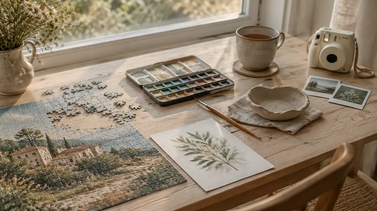 Relaxing hobbies for adults: a jigsaw puzzle, watercolor set, clay dish, tea and instant photos on an oak table by a window