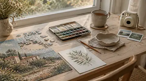 Relaxing hobbies for adults: a jigsaw puzzle, watercolor set, clay dish, tea and instant photos on an oak table by a window