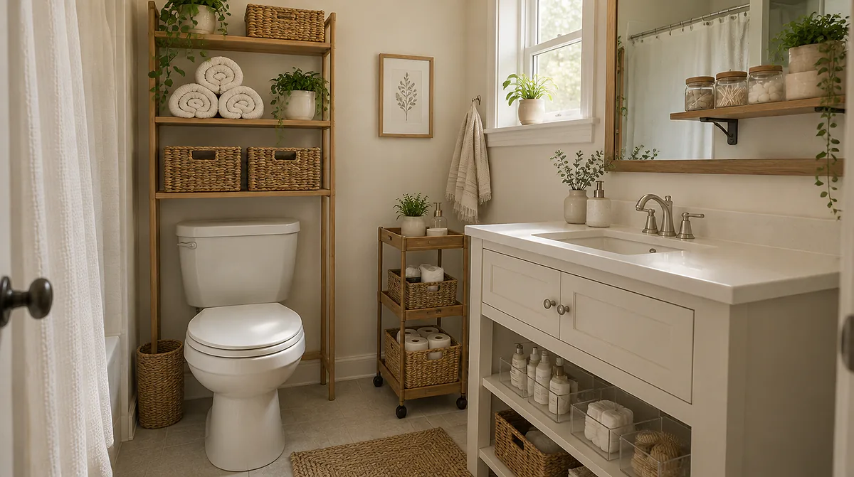 Small bathroom storage ideas: an over-the-toilet wooden shelf, a slim rolling cart and baskets in a cream bathroom