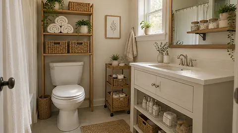 Small bathroom storage ideas: an over-the-toilet wooden shelf, a slim rolling cart and baskets in a cream bathroom