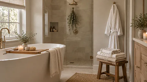 Spa bath at home: a freestanding tub with a wooden tray, folded Turkish towels and a waffle robe on a hook