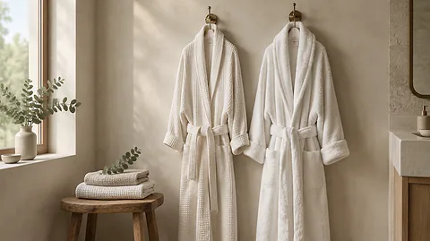 Waffle vs terry robe: a light waffle-weave robe and a thick terry robe hanging side by side