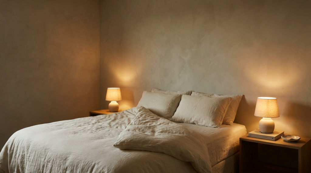cozy bedroom ideas with warm lamp light and a loosely made bed
