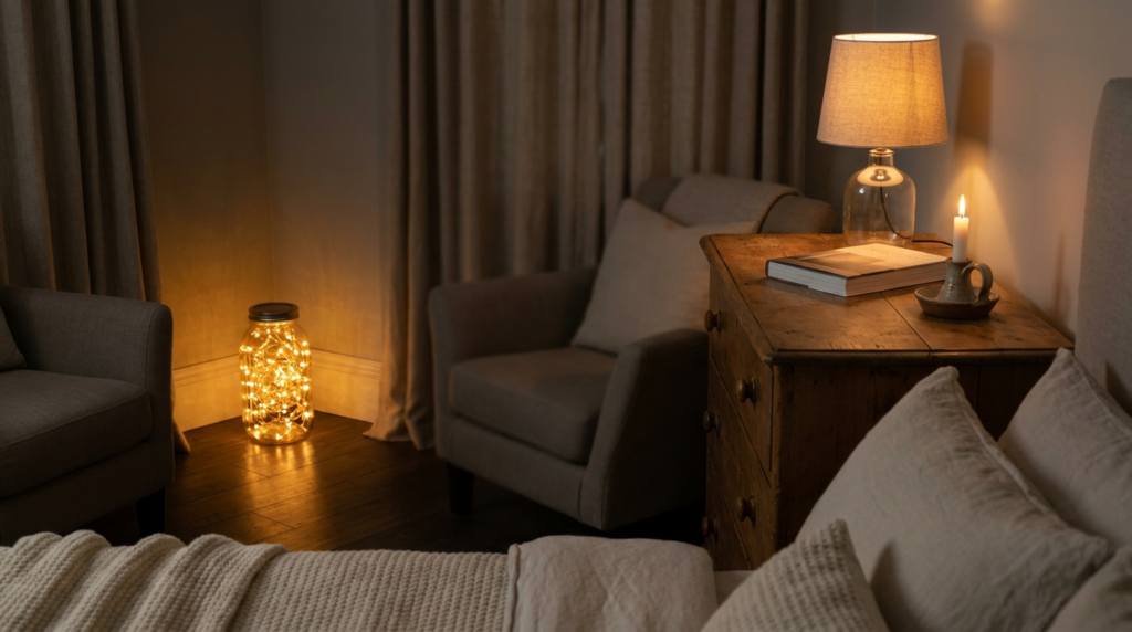 budget cozy bedroom lighting with string lights in a jar and a candle