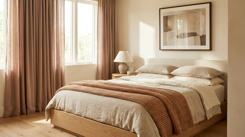 cozy bedroom on a budget with layered bedding and high-hung curtains