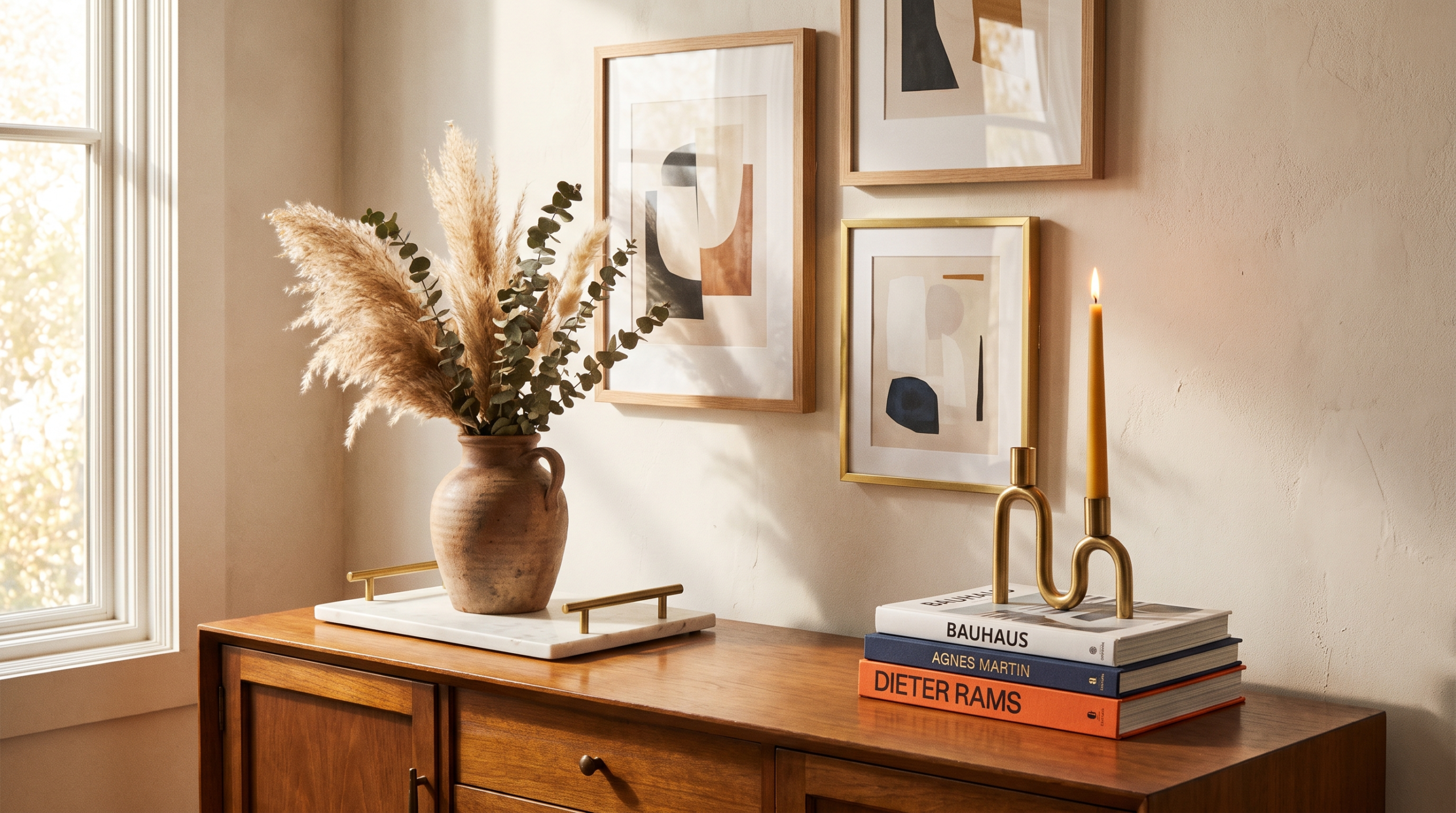 Chic budget home decor vignette with ceramic vase, marble tray and framed art