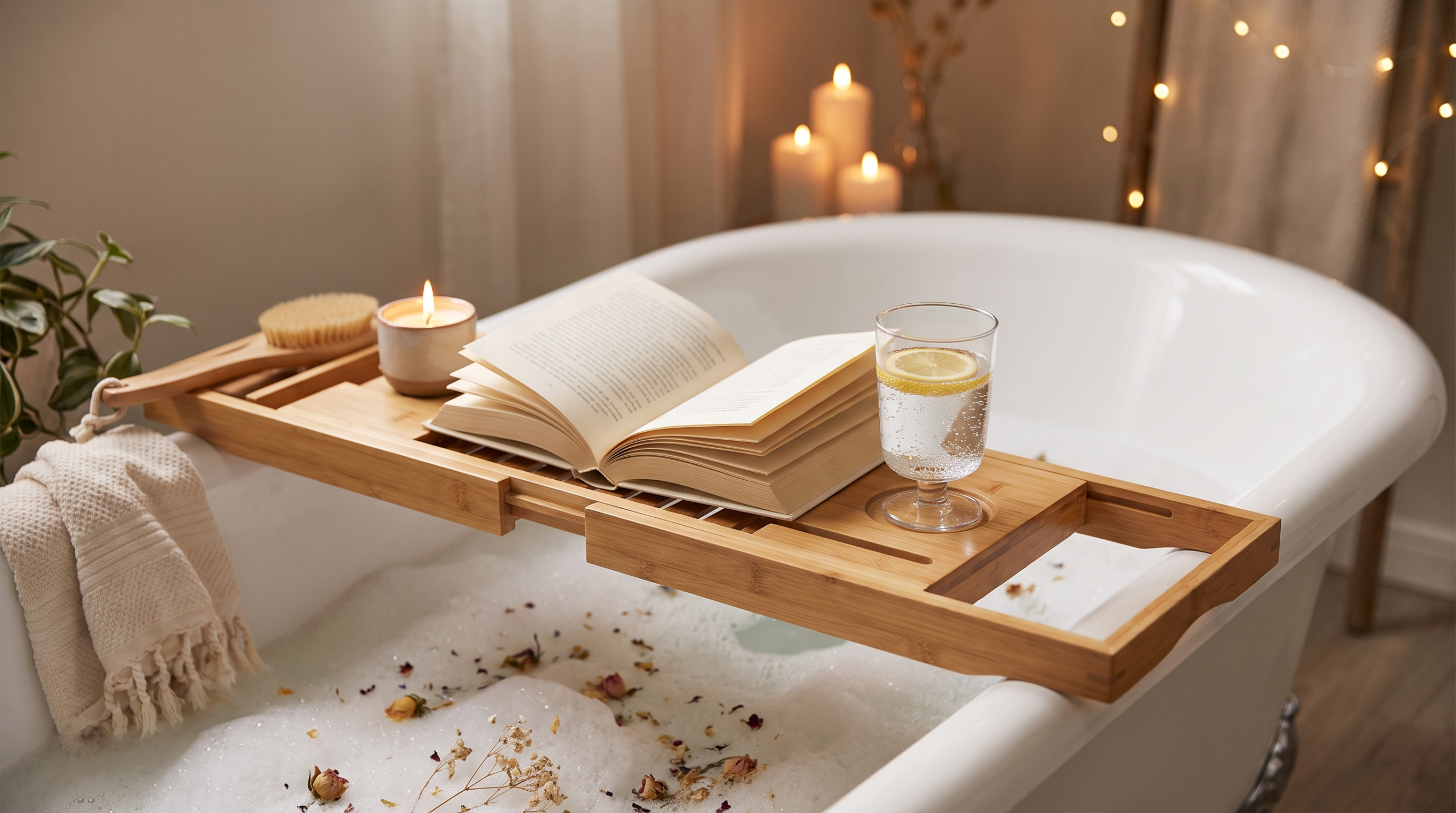 Bamboo bath caddy tray across a bathtub holding a book, drink and candle