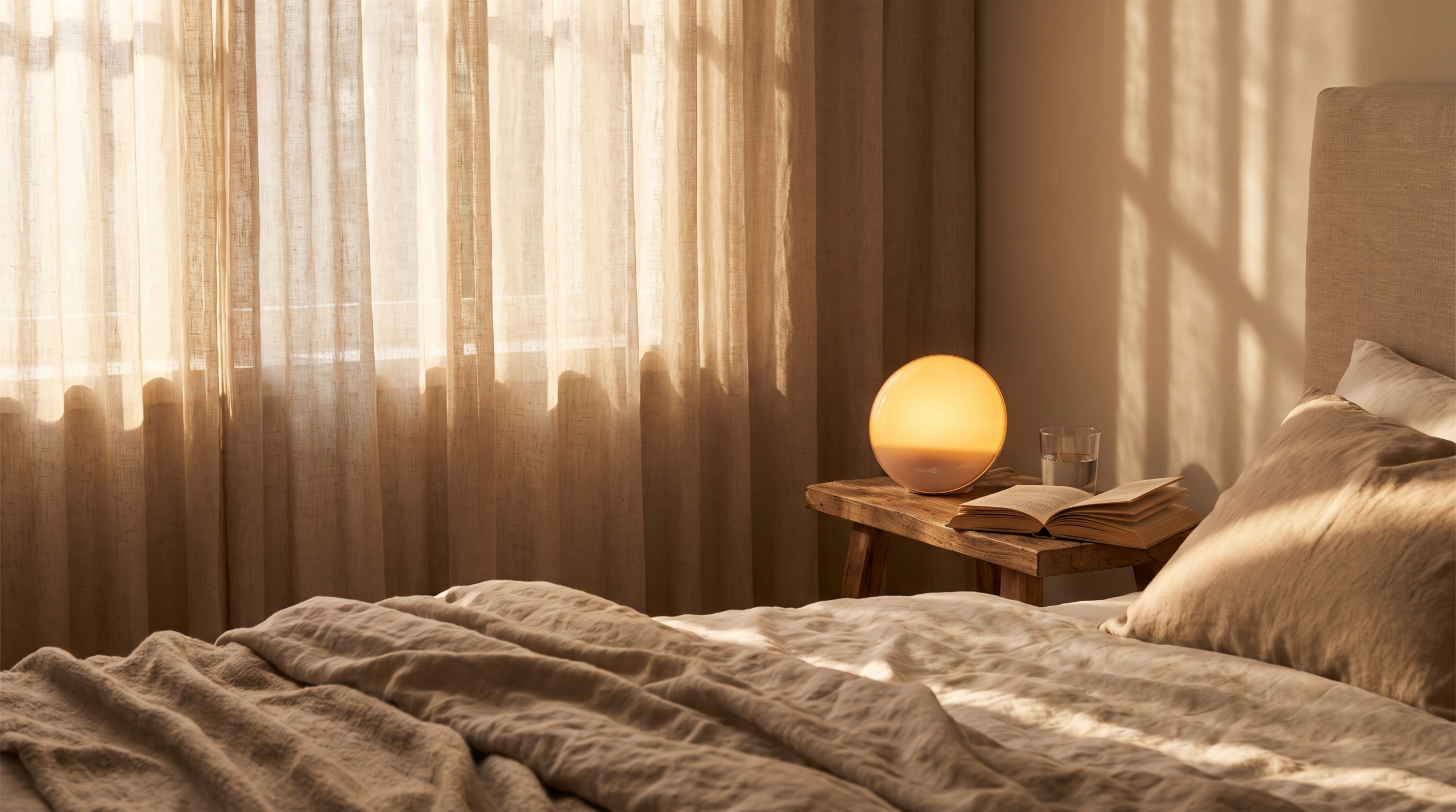 Bedroom at dawn with a glowing sunrise lamp on the nightstand