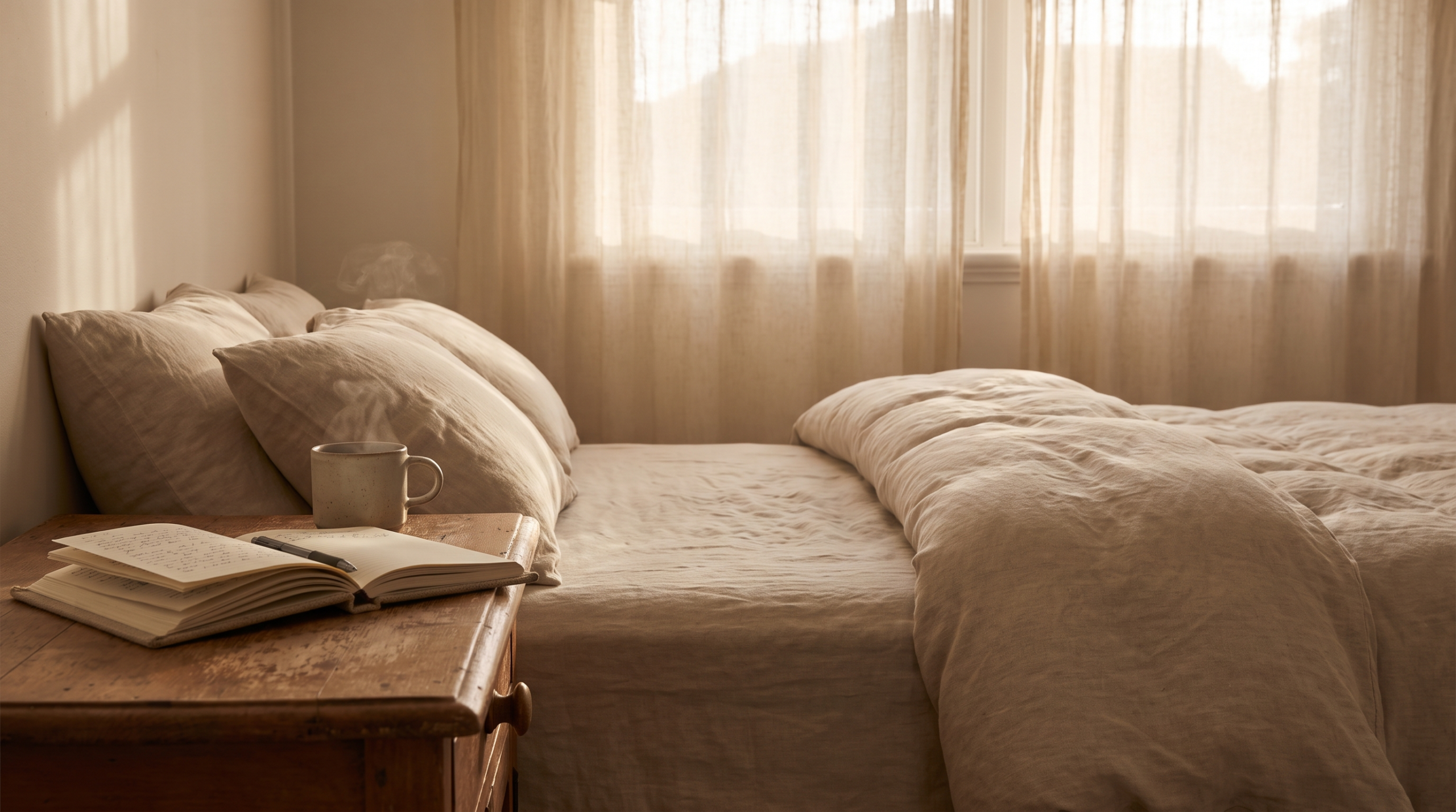 Calm morning with made bed, coffee and open journal in soft dawn light