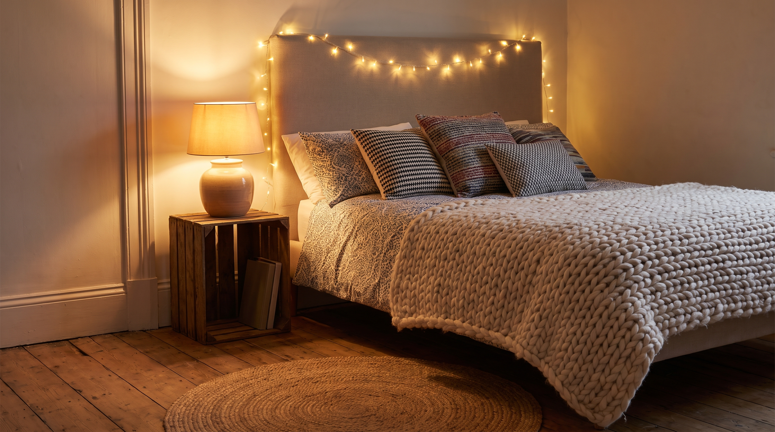 Cozy bedroom with string lights, layered throw pillows and knit blanket