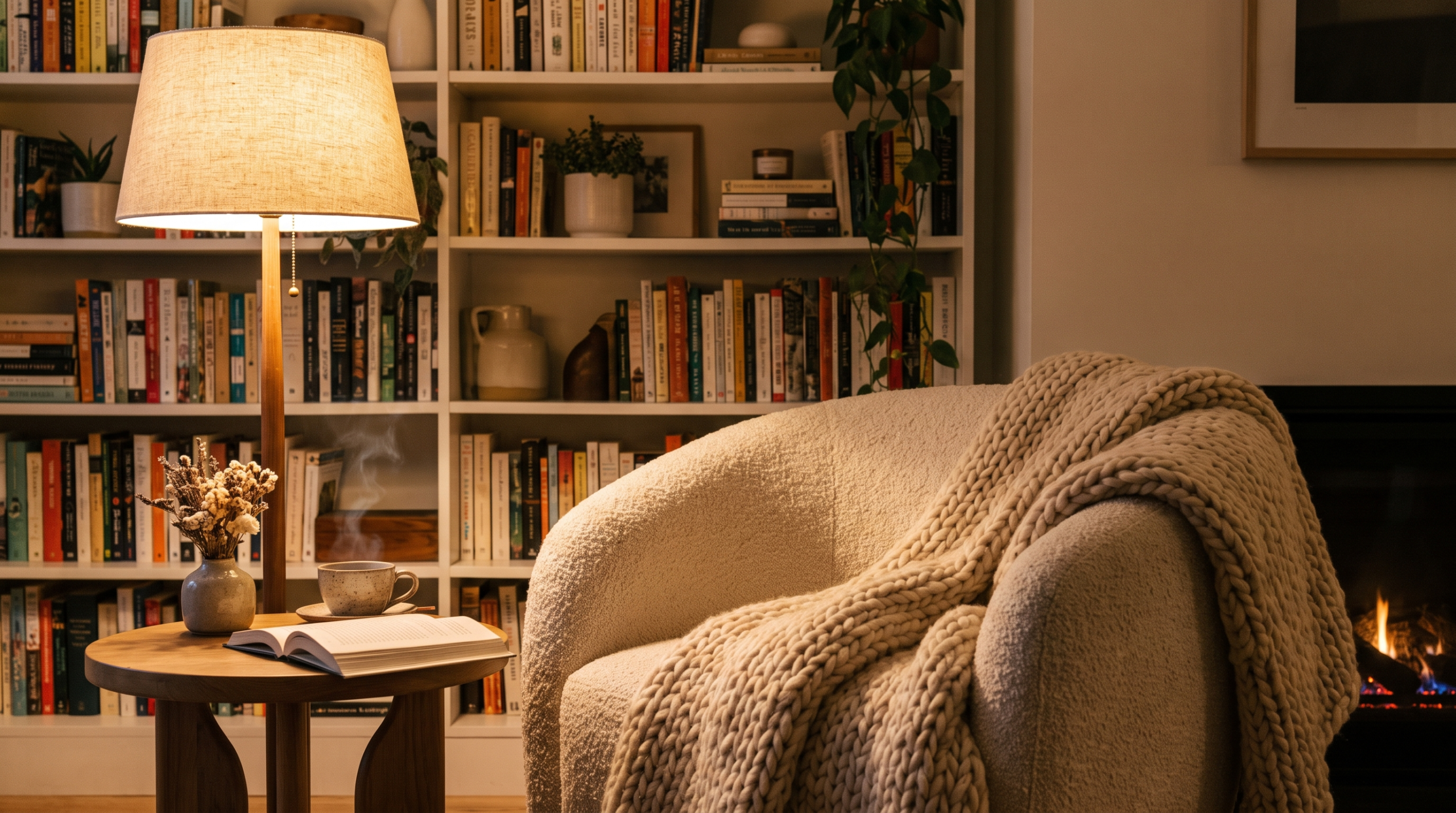 Cozy reading nook with boucle armchair, knit throw and warm floor lamp