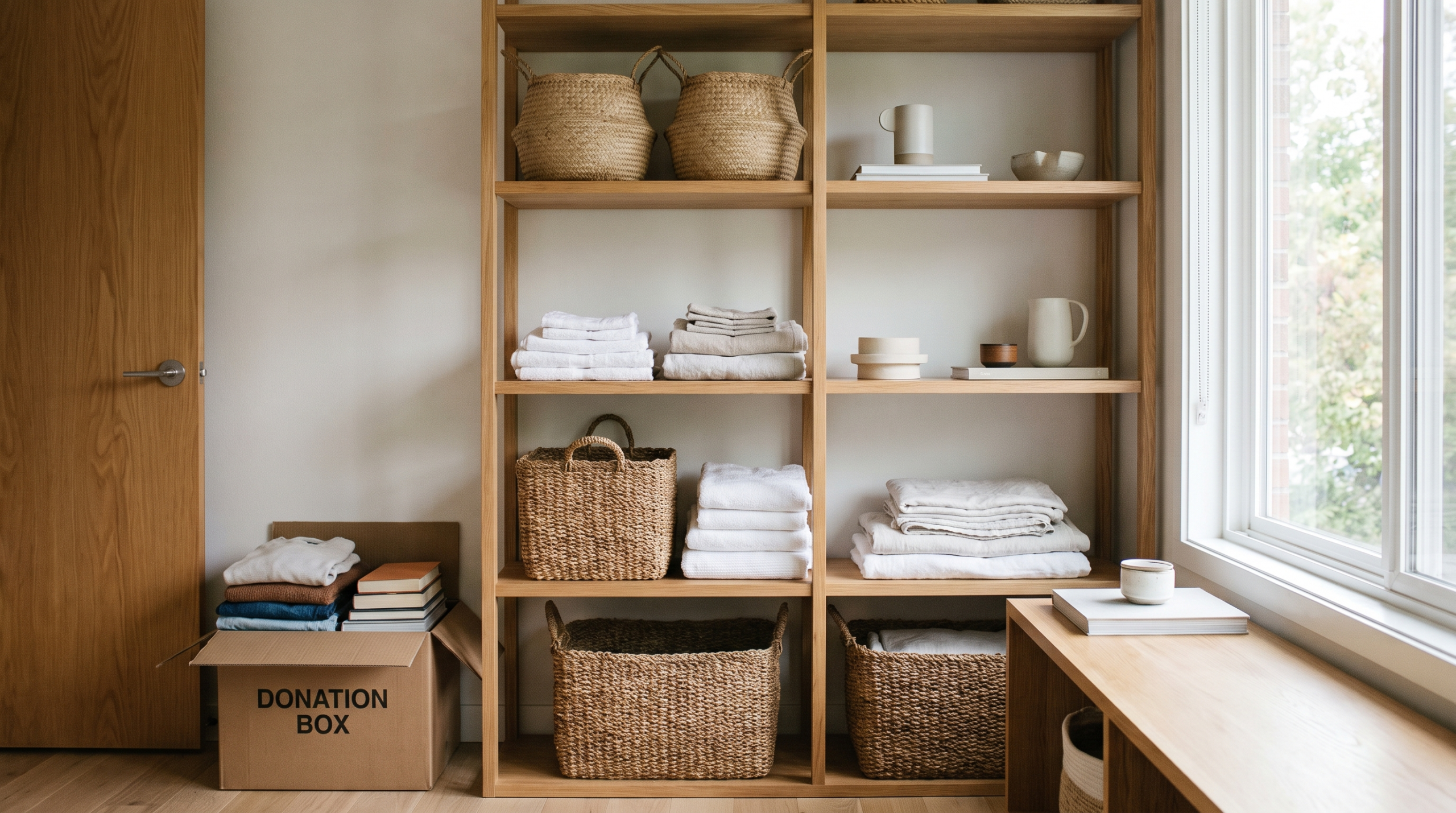 Decluttered room with open shelving, woven baskets and folded linens