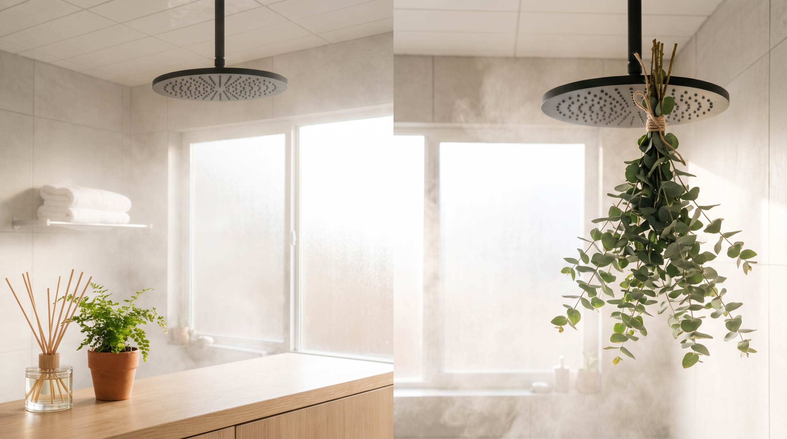 Fresh eucalyptus tied to a rainfall shower head in a bright bathroom