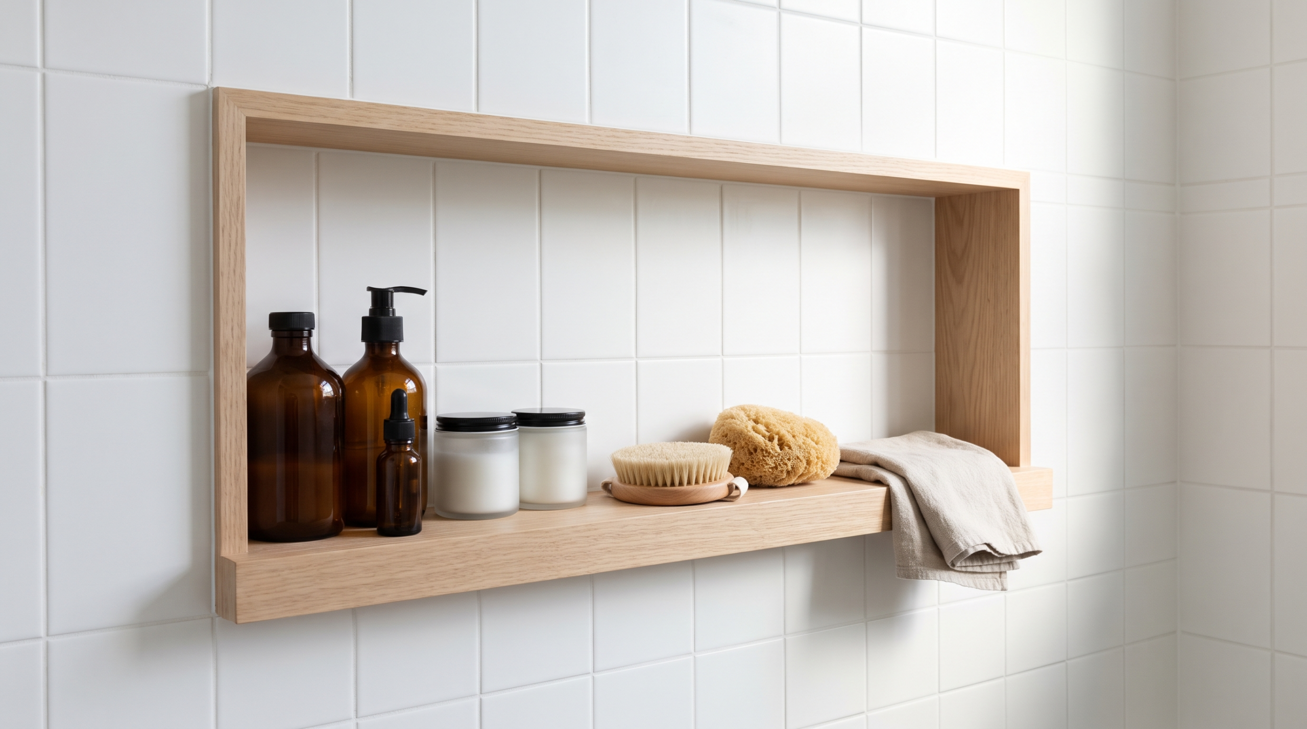 Minimal organized shower shelf with amber glass bottles and wooden body brush