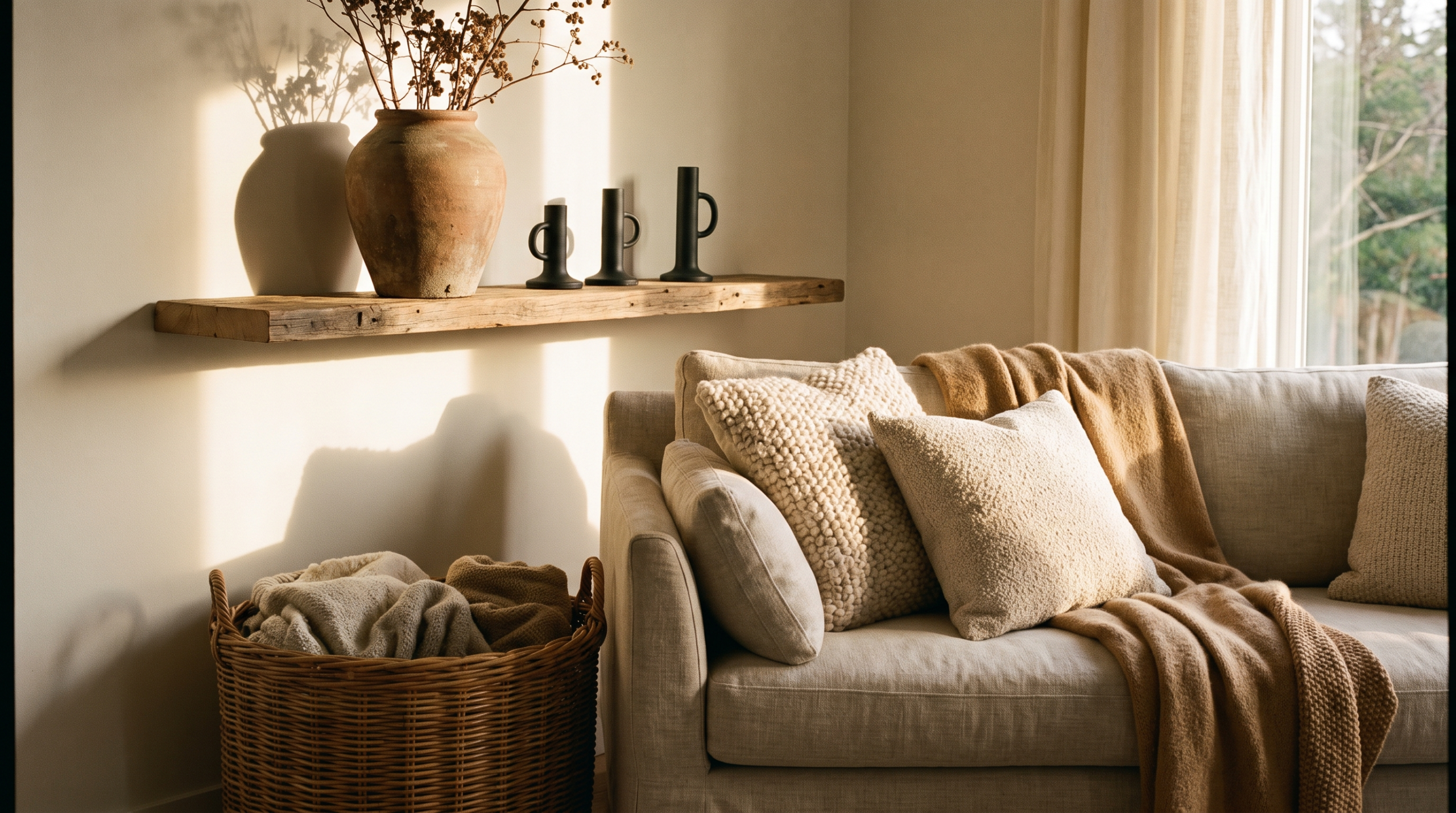 Neutral living room corner with elevated budget-friendly decor