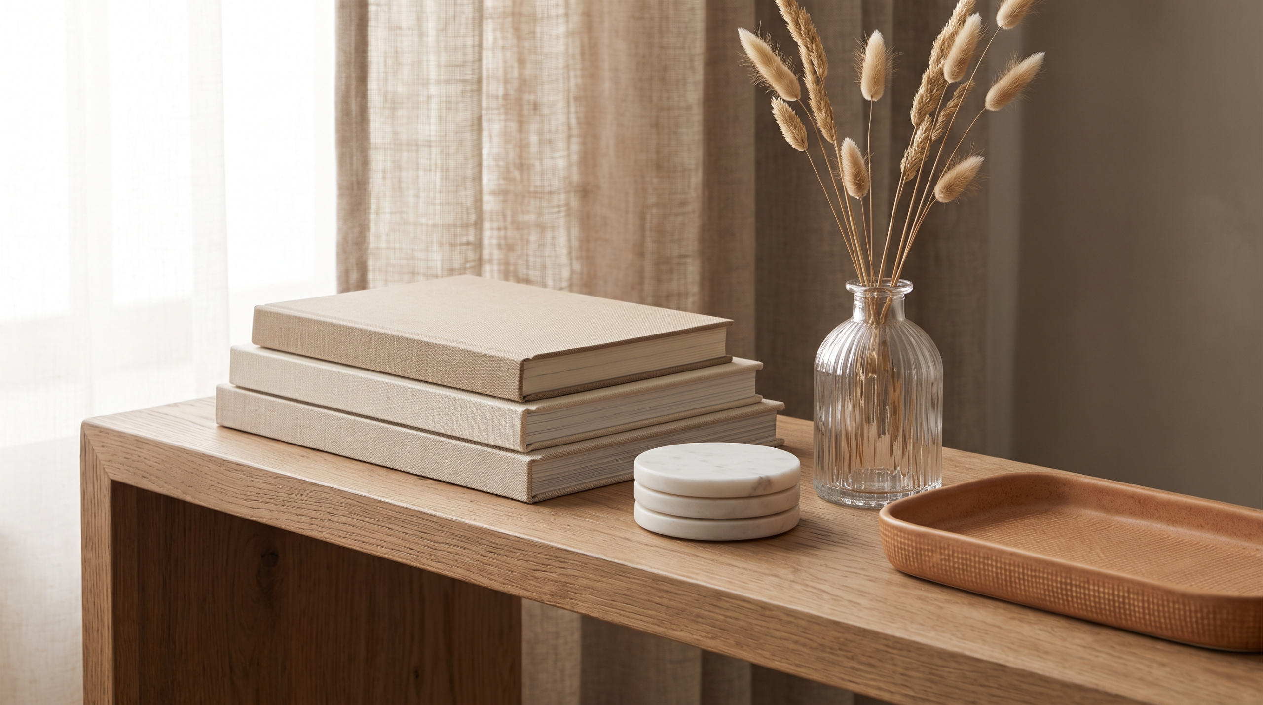 Styled console shelf with marble coasters, ribbed glass vase and ceramic tray