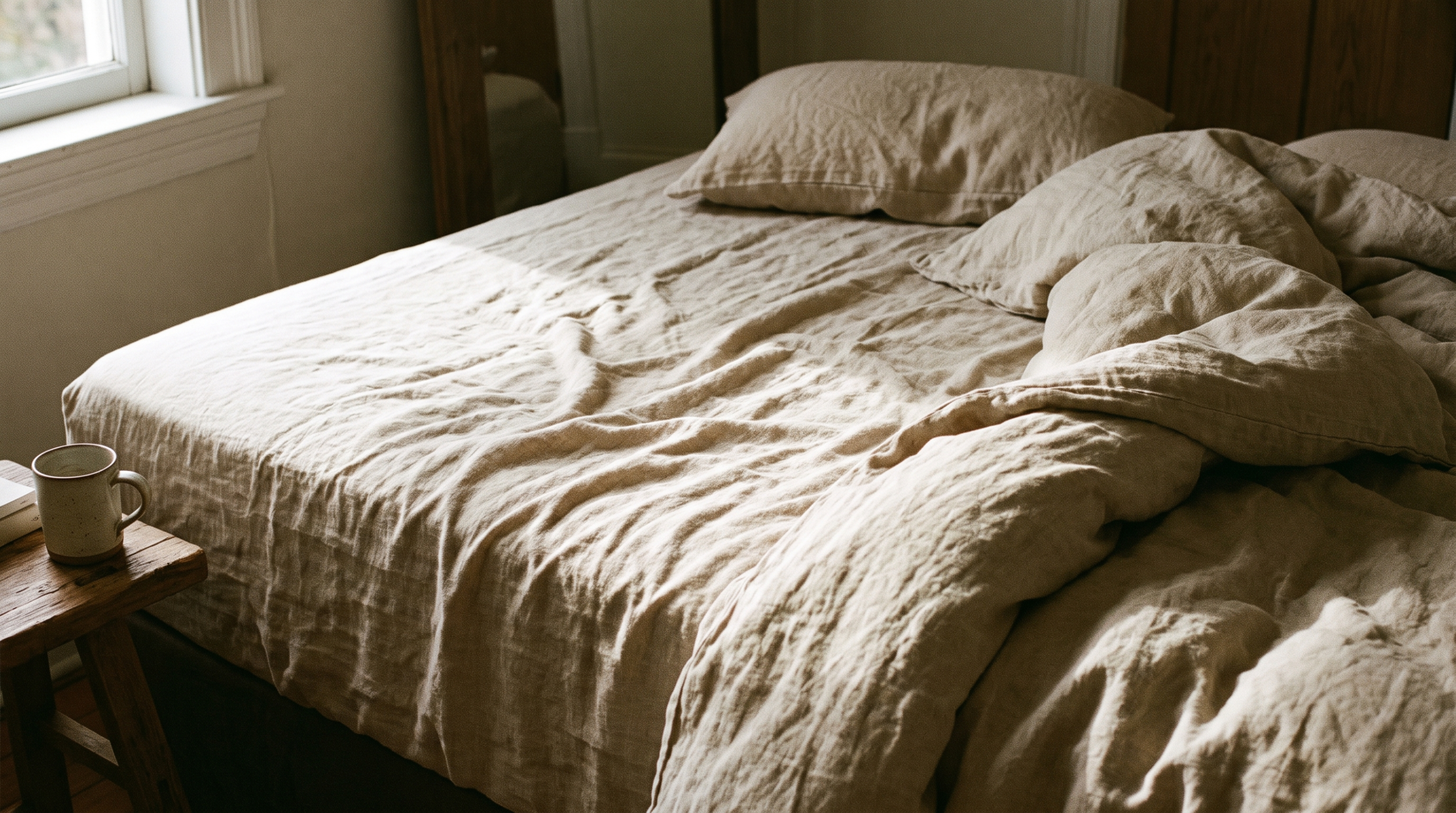 Rumpled stone-washed linen sheets in warm oat tone on a bed
