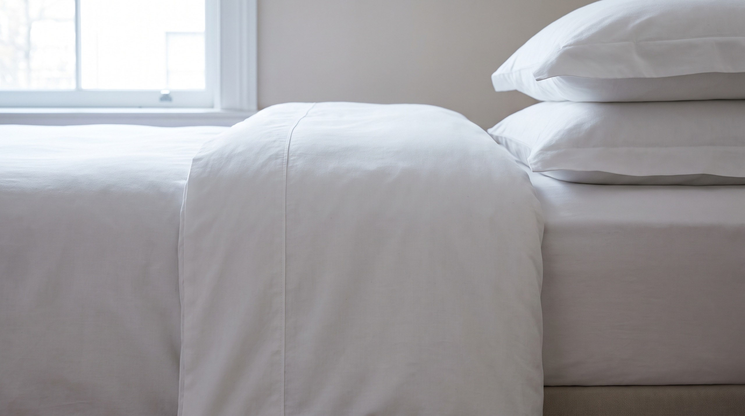 Crisp white percale cotton sheets on a neatly made bed