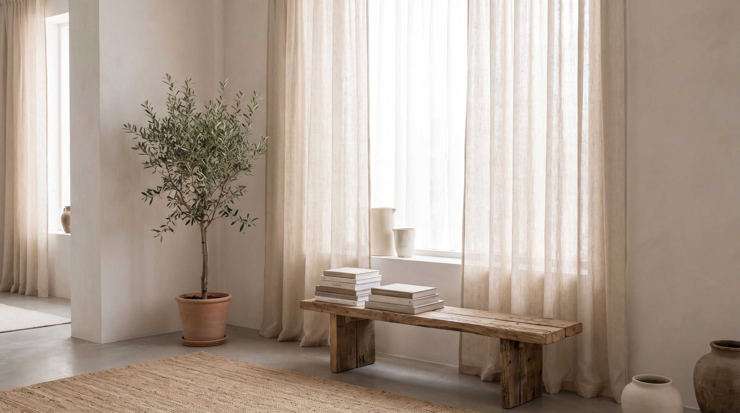 Calm minimal living space with linen curtains, wooden bench and olive tree