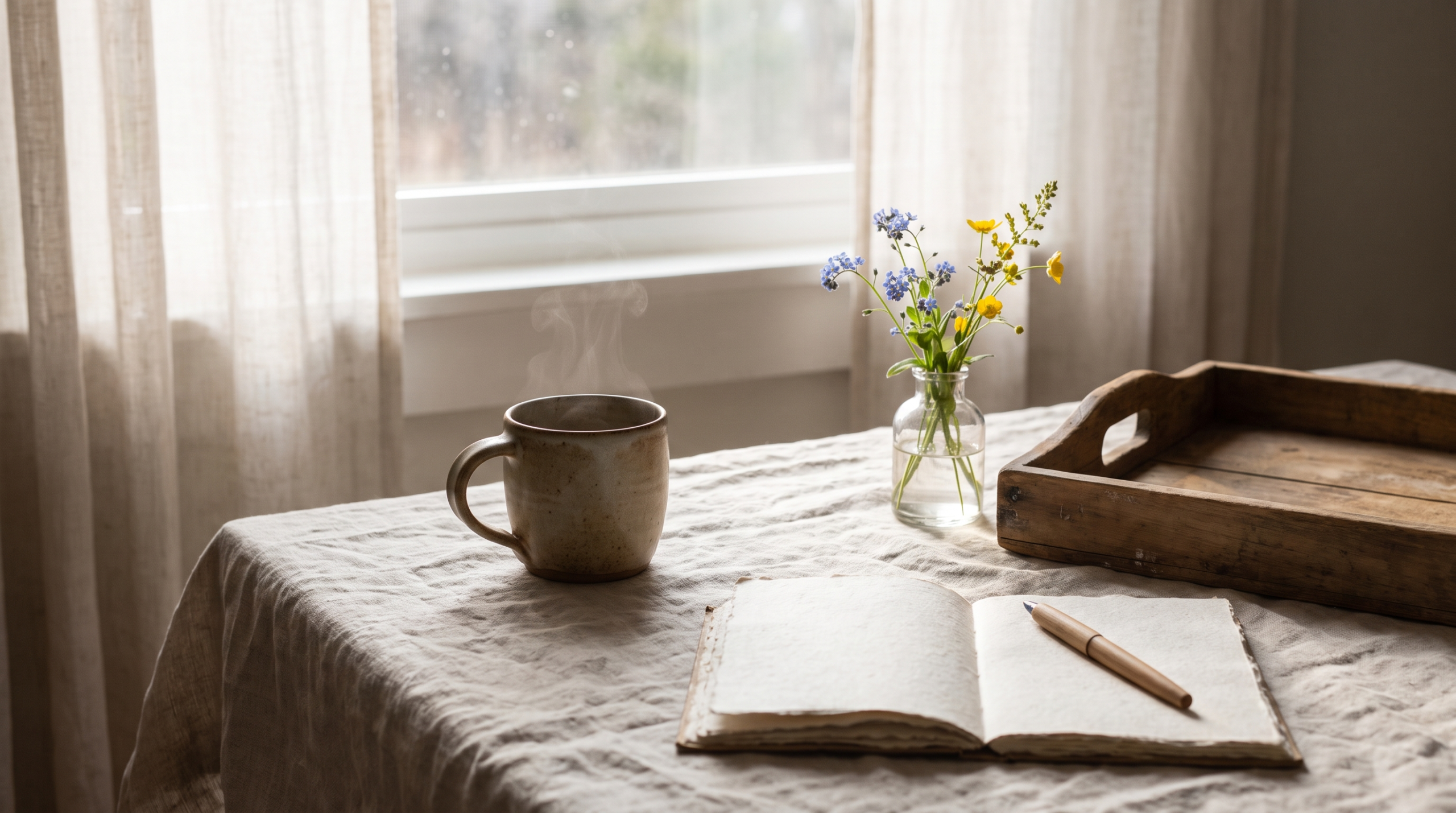 Slow morning scene with tea, journal and wildflowers on a linen table by the window