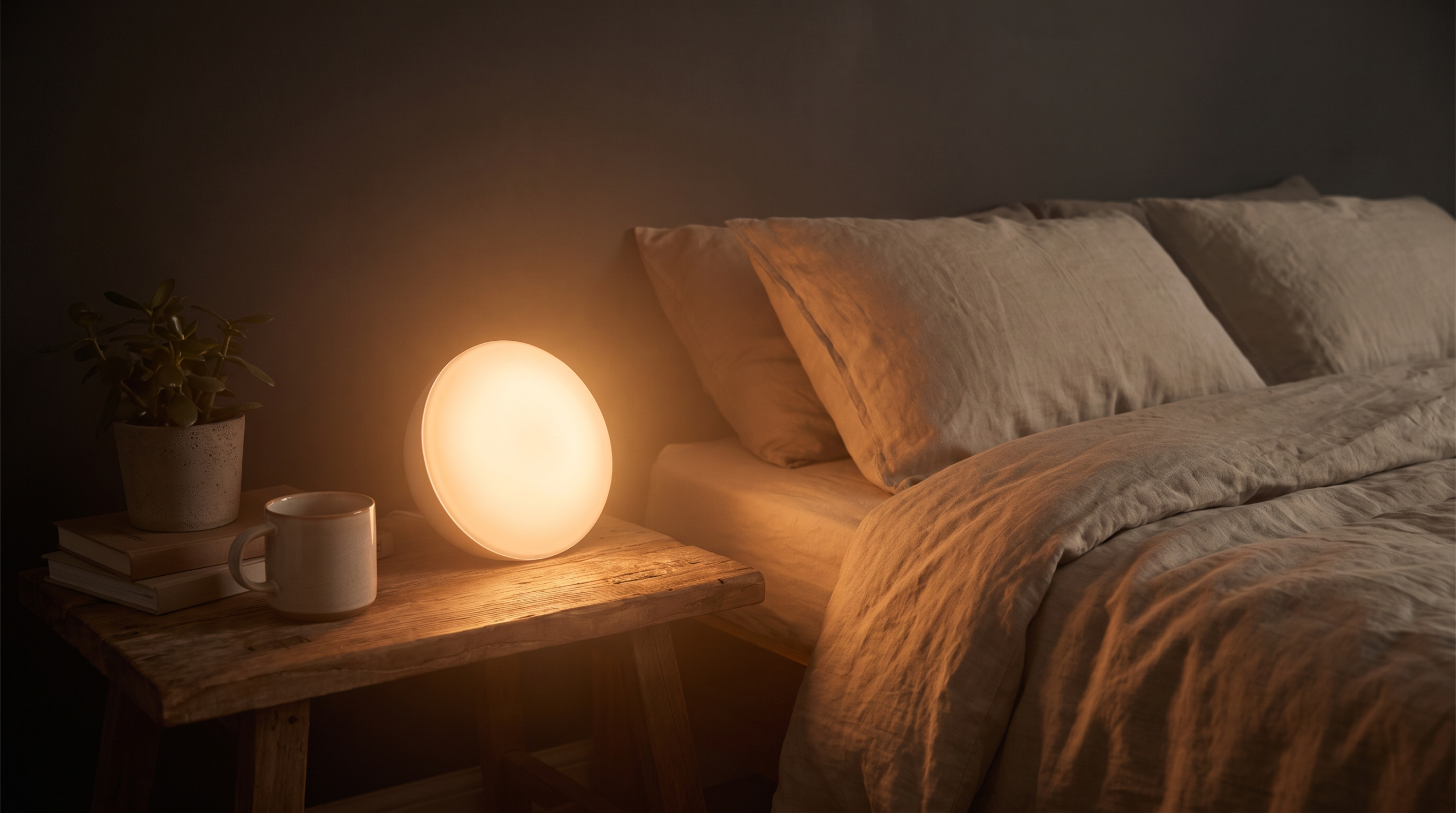 Sunrise alarm clock glowing warm orange on a wooden nightstand