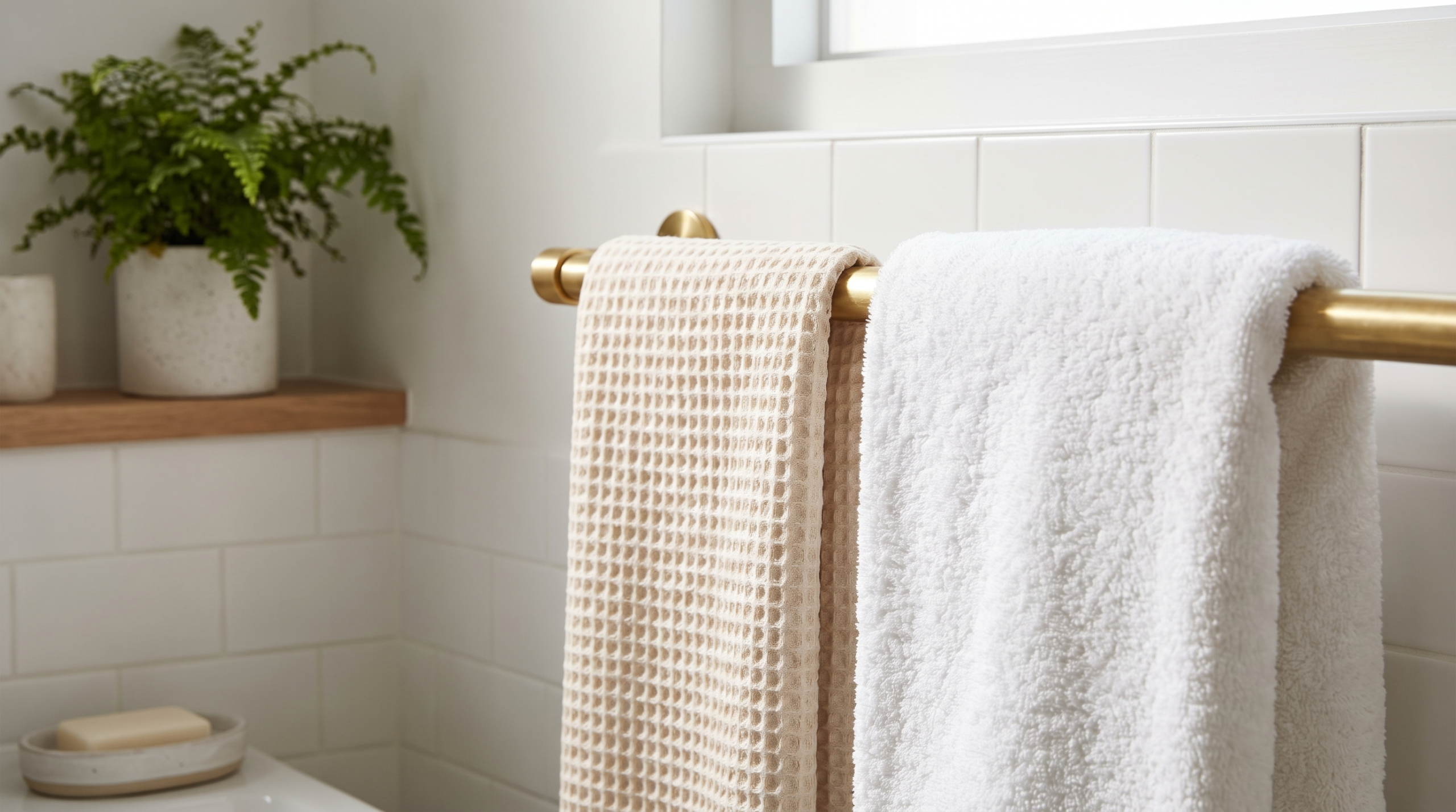 Waffle weave towel and fluffy terry towel hanging side by side on a bathroom rail