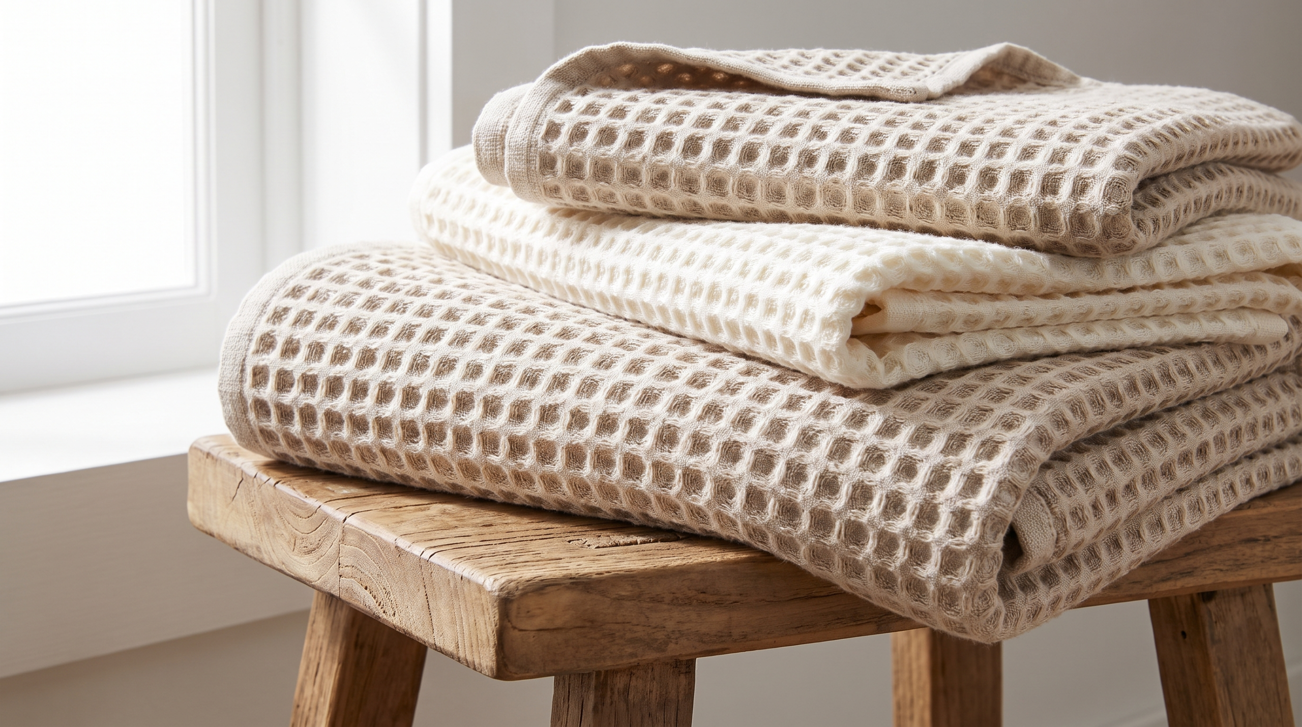 Folded waffle weave towels showing honeycomb texture on a wooden stool
