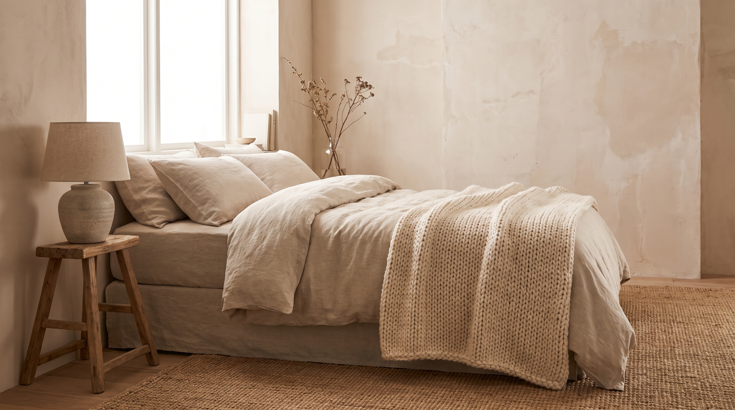 Warm minimal bedroom with layered oat linen bedding and knit throw