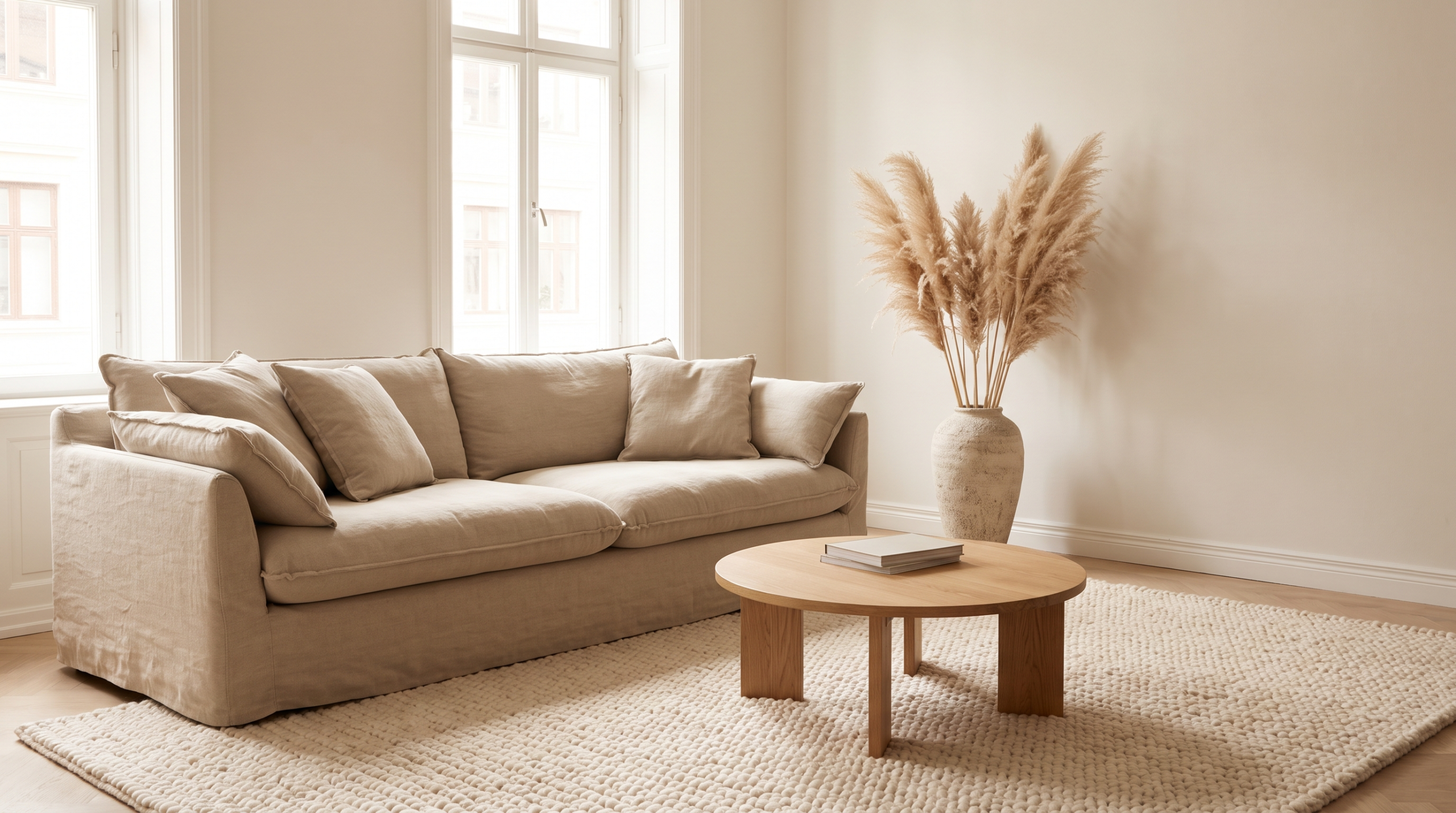 Warm minimalist living room with beige linen sofa and oak coffee table