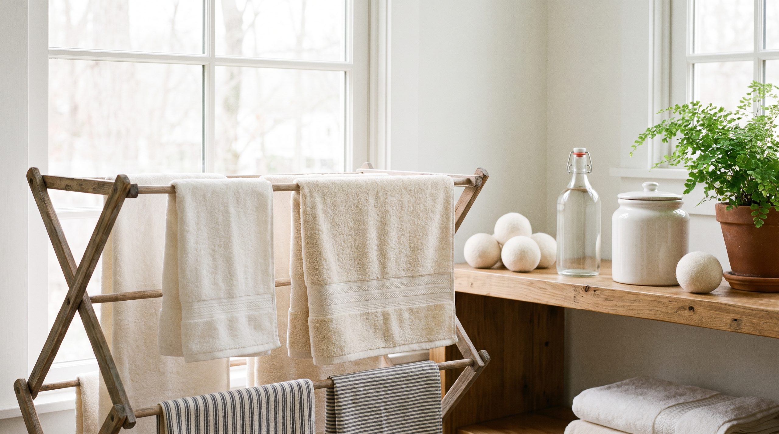 Turkish cotton towels air drying on a wooden rack by a bright window