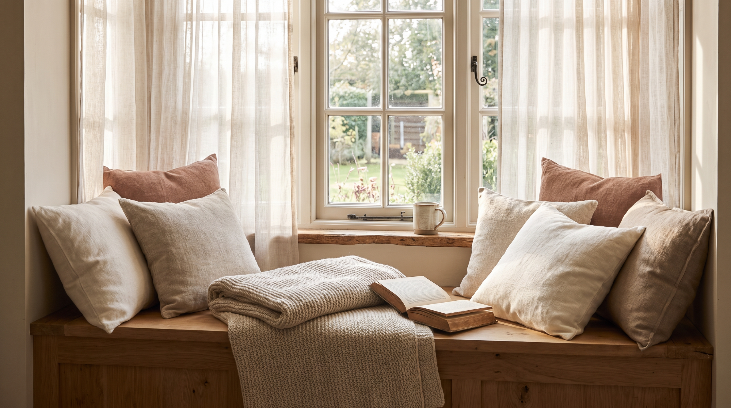 Sunlit window seat reading corner with linen cushions and an open book